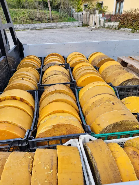 Pani di cera d'api impilati nelle cassette, prima della lavorazione